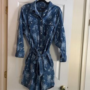 Lands’ End Blue Denim Dress with Floral Print and Tie Waist and POCKETS Size 1X